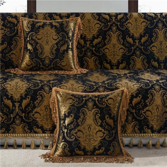 Black Gold Chenille Throw Pillow Cover 20x20 Square Decorative Cushion with Tass - Picture 3 of 8